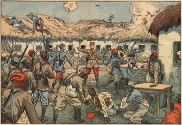 Kolonialtrupper låste upp Aoulay (Aoulai)-posten i Marocko under kapten Duboin. Illustration av Damblans. I "" Le Pelerin"" den 7 juni