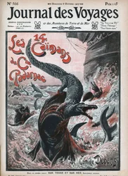 Krokodiler äter av hajar. Illustration av Damblans "De fjorton kajmanerna av kapten Padarnac"" av Camille Debans (1834-1910). En tidning. Gravyr i "" Journal des Voyages"" från 1907.