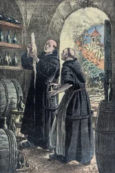 Dom Pierre Pérignon (1639-1715), benediktinmunk, uppfinnare av processen för framställning av champagne. Illustration av Damblans.