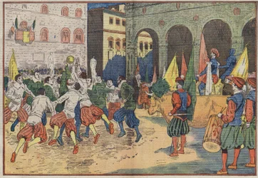 Florens, Italien: på Place de la Seigneurie, en del av "calcio", fotboll från 1400-talet, rekonstruerades i en tidstypisk kostym. En biff bjöds på det vinnande laget. Illustration av Damblans. I "" Le Pelerin"" den 8 juni
