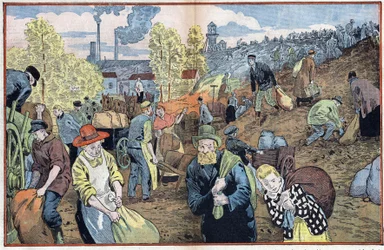 Jägare söker efter kolbitar bland stenarna som utvinns från gruvorna för att värma sig under vintern. Rhur-regionen, Tyskland. Illustration av Damblans. I "" Le Pelerin"" den 4 oktober