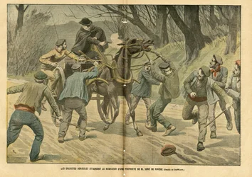 Illustration av Eugene Damblans (1865-1945) i Le Pelerin, 31/01/04 - Jordbruksgrevister attackerar registratorn av en fastighet tillhörande M. Sere de Riviere - Socialt, Olika fakta, Greve, Transport, Jordbruk, Skog, Caleche Fiacre Cab - Arbetare, Hästhäst