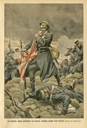 Illustration av Eugene Damblans (1865-1945) i Le Pelerin, 01/01/05 - En rysk korpral som river en japansk flagga framför Port Arthur - Ryssland, Japan, Port Arthur, rysk-japanska kriget, strider, gevär - soldater, Korpral