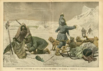 Illustration av Eugene Damblans (1865-1945) i Le Pelerin, 02/04/05 - Det ryska uppdraget Klotchak upptäcker på nordpolsvägen ett brev som bekräftar den olyckliga förlusten av expeditionen Toll - North and South Polar, Polar Expeditions, Ice, Släde Trai