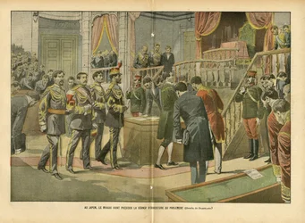 Illustration av Eugene Damblans (1865-1945) i Le Pelerin, 03/04/04 - I Japan presiderar Mikado över parlamentets öppningssession - Japan, Deputeradehusets hemicycle, Mikado, intern arkitektur - Mikado
