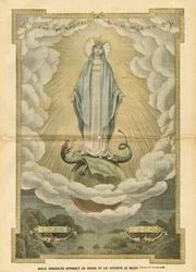 Illustration av Eugene Damblans (1865-1945) i Le Pelerin, 04/12/04 - Maria immaculee visar sig för världen och ger räddning till den - Religion Tro, katolsk katolicism - Obefläckad befruktning - Maria, drake - Moln - Jorden