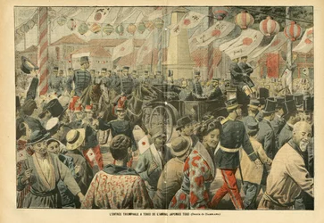 Illustration av Eugene Damblans (1865-1945) i Le Pelerin, 05/11/05 - Den japanska amiralen Togos triumferinfart till Tokio - Armee, Japan, Folkmassan, Tokyo - Amiralamiralerna, Togo Heihachiro (1848-1934), civila
