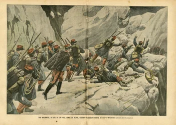 Illustration av Eugene Damblans (1865-1945) i Le Pelerin, 06/03/04 - En lavin, vid Pare-passet, i Alperna, som orsakade flera dödsfall vid 157:e infanteriet - Olika fakta, Armee, bergsbestigning, klättring, infanteri , Alperna, Lavin - Soldat