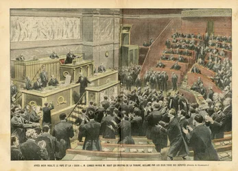 Illustration av Eugene Damblans (1865-1945) i Le Pelerin, 06/11/04 - Efter att ha förolämpat påven och korset, förolämpade M. Combes M. Ribot som steg ner från podiet, påhejad av två tredjedelar av deputerade - Chamber of Deputerade Hemicycle, Fighting, Ri