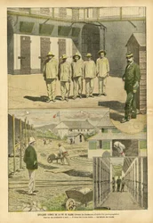 Illustration av Eugene Damblans (1865-1945) i Le Pelerin, 07/05/05 - Några scener från bagnes liv - Fängelser, Bagnes, Arbetsstyrkor - Fångar, Fängelsevakter