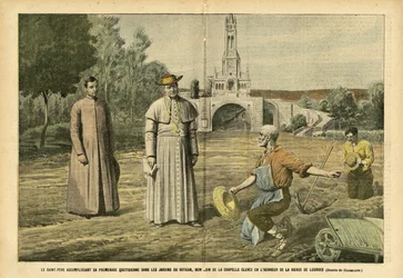 Illustration av Eugene Damblans (1865-1945) i Le Pelerin, 20/08/05 - Den Helige Fadern utför sin dagliga vandring i Vatikanens trädgårdar, inte långt från kapellet som restes för att hedra Jungfrun av Lourdes - Religion Tro, Jordbruk, Vatikanen, Katolik