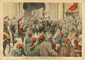 Illustration av Eugene Damblans (1865-1945) i Le Pelerin, 20/10/07 - Högtidlig ingång till Palais de Rabat av Mr. Regnault, Frankrikes minister i Marocko - Kolonisering Kolonialism Kolonier, Arkitektur Urbanisme, Marocko, Officiellt besök - Regnault Euge