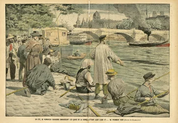 Illustration av Eugene Damblans (1865-1945) i Le Pelerin, 23/06/05 - På sommaren invaderar många parisare Seines strand och kastar sin lina och... tar ingenting - Loisirs, Paris, Fishing Pecher Pecheur, Pont , Seine (flod), Ete, Peniche, Canne en fisk