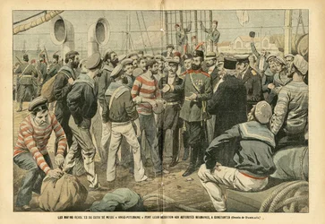 Illustration av Eugene Damblans (1865-1945) i Le Pelerin, 23/07/05 - De upproriska sjömännen på det ryska slagskeppet Kniaz-Potemkin överlämnar sig till de rumänska myndigheterna i Constantza - Ryssland, Maritima havet, Rumänien, 1905 års revolution,