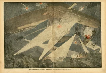 Illustration av Eugene Damblans (1865-1945) i Le Pelerin, 24/11/07 - Ett avsnitt av framtida krig - Vilka kommer att bli striderna i luftskeppens tid - Krig, Ballonger luftskepp zeppelinare aerostation, Nocturne, Fighting