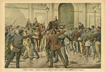 Illustration av Eugene Damblans (1865-1945) i Le Pelerin, 26/11/05 - Strejken av arsenalerna I Toulon försöker grevisterna motsätta sig hyran för sina kamrater - Social, Greve, Arkitektur Urbanism, Maritime Marine Nautical Balneaire, Toulon, Arsenal ar