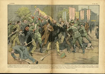 Illustration av Eugène Damblans (1865-1945) i Le Pèlerin, 27/06/37 - Hakkorset mot Kristi kors i Hitlers Tyskland - Tyskland, Preussen, religion, tro, folkmassa, kamp, upprättelse, hakkors, kristet kors, katolsk, katolicism - Såld