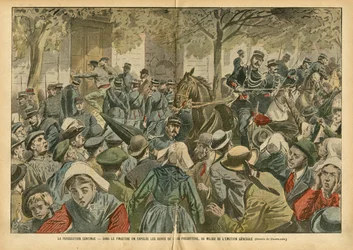 Illustration av Eugene Damblans (1865-1945) i Le Pelerin, 27/10/07 - Förföljelsen fortsätter I Finistere fördrivs botemedel från deras presbyteri mitt i den allmänna känslan - Religion Tro, Bretagne, Folkmassa, Katolsk Katolicism, Finistere -S