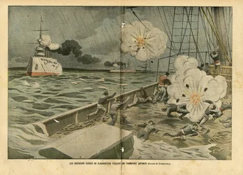 Illustration av Eugene Damblans (1865-1945) i Le Pelerin, 28/02/04 - De ryska kryssarna i Vladivostok sänker en japansk transport - Armee, Maritime Marine Seaside, rysk-japanska kriget, krigsfartyg, Vladivostok - Sjömän, sjömän