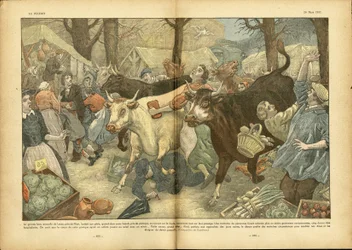 Illustration av Eugene Damblans (1865-1945) i Le Pelerin, 28/03/37 - Den stora årliga mässan i Lezay nära Niort - Diverse fakta, Ekonomi, Folkmassa, Butiker, Jordbruk, Baljväxter - Ko, nötkött, Camelot resesäljare