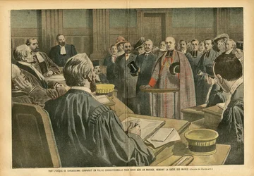 Illustration av Eugene Damblans (1865-1945) i Le Pelerin, 28/07/07 - MGR Carcassonnes eveque jämfört med en kriminalpolis för att ha välsignat ett äktenskap, under borgmästarstrejken - Rättsliga processer, religion, tro, äktenskap, Carcassonne, katolsk Cat