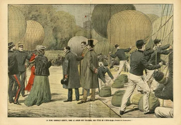 Illustration av Eugene Damblans (1865-1945) i Le Pelerin, 29/10/05 - Drottning Ranavalo deltar i, i Tuileries Garden, Aero-Club-festen - Ballonger luftskepp zeppelinare aerostation, Paris, Madagaskar, Public Garden, Foreign Sovereigners, Tuileries - Ranava
