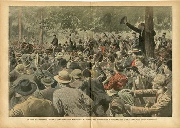 Illustration av Eugène Damblans (1865-1945) i Le Pèlerin, 30/06/07 - Folkmassan från Narbonnais hyllar mannen från Montpellier, herr Ferroul, vars gripande orsakade blodiga dagar - Samhälle, vin, vinkris, vinodlarrevolt, Narbonne - Ernest Ferroul