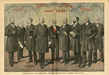 Illustration av Eugene Damblans (1865-1945) i Le Pelerin, 31/12/05 - Runt M. Loubet donerar mandatperioden slutar, några av dem som strävar efter att efterträda honom - Val, republikens president - Combes Emile (1835-1921) ), Doumer Paul (1857-1932), Rouvi