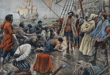 Illustration av Ferdinand de Magellans besättning som svär sin trohet till honom på ett kors efter ett misslyckat myteri - Fernand de Magellan (1480-1521), portugisisk navigatör lugnar en uppvigling av sin besättning och efter att ha förlåtit honom får han