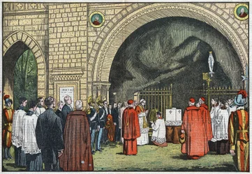 Framför "Grotto de Lourdes", i Vatikanens trädgårdar, välsignade påven Pius XI den första stenen i Propagandakollegiet som skulle resa sig på Janicule. Illustration av Damblans. I "Le Pelerin" den 3 juni