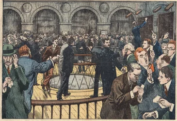 Invändig bild av Parisbörsen. Illustration av Damblans. I "" Le Pelerin"" den 5 december
