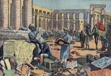 Jean Francois (Jean-Francois) Champollion (1790-1832), en fransk egyptolog, studerar en inskription bland pelargångarna i Thebe. Gravyr från 1923. Ritning av Damblans.