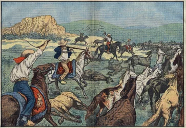 Mexikanska bönder skjuter vilda hästar för att undvika matkrisen i deras land. El Paso Plains, Mexiko. Illustration av Damblans. I "" Le Pelerin"" den 6 oktober