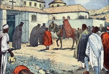 Monsignor Lepicier av Marias tjänareorden, ärkebiskop av Tarsus, togs emot i det koptiska klostret Debre-Bizen med anledning av ett apostoliskt besök i Abessinien (Etiopien). Illustration av simning. I "Le Pelerin"" i augusti