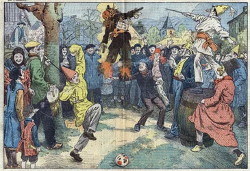 Gamla seder: kremeringen av "" karnevalen", på kvällen Mardi Gras (Mardi-Gras), representerar nöjen och goda kära övergivna vid tröskeln till Careme. Illustration av Damblans. I "" Le Pelerin"" den 16 mars