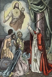 Påven Pius IX inleder firandet av Jesu Kristi sociala regeringstid, teckning av Damblans från fransk tidning "Le Pelerin" 3 januari