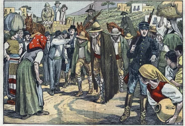 Rånare arresterade av den italienska fascistpolisen. Sicilien, Italien. Illustration av Damblans. I "" Le Pelerin"" den 14 februari