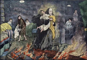 Syster Marie Gabrielle (Marie-Gabrielle) räddar ett barn under branden på barnhemmet Bernards Ville (Bernards-Ville), i USA. Illustration av Damblans i "" the Pelerin"" den 27 november