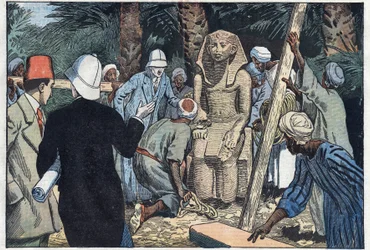 Det franska arkeolgiska uppdraget upptäcker en staty av tonåringen Sesostris III som kommer att föras till Louvren. Medamoud, forntida Thebe, Egypten. Illustration av Damblans. I "" Le Pelerin"" den 22 november