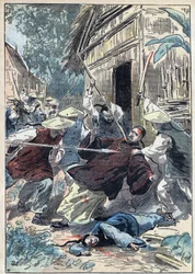 Den franske prästen Berthollet (1865-1898), präst inom Utländska missionerna, mördades av kinesiska nationalgardister nära staden Yun Ngan Cheou (Yun-Ngan-Cheou) den 21 april 1898. Illustration av Damblans i ”Le Pèlerin” den 10 juli