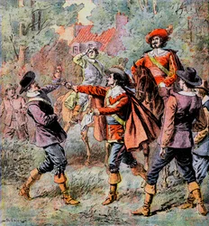 Musketören av Artagnan, eskorterad av sin vän Porthos, hotar en motståndare med sin pistol - Illustration av Damblans till romanen "De tre musketörerna" av Alexandre Dumas i "Diary des roman populaires illustres""" från början av 1900-talet -