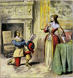 Musketören av Artagnan knäböjer vid fötterna av drottning Anne av Österrike för att lämna tillbaka hennes brev - Illustration av Damblans till romanen "Ving ans Apres" av Alexandre Dumas i "Journal of Illustrous Folk Romans"" från början av 1900-talet