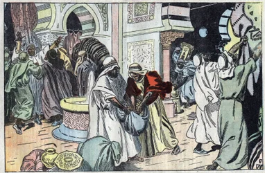 Wahabiterna, efter att ha tagit Mecka, plundrade kung Husseins palats. Illustration av Damblans. I "" Le Pelerin"" den 2 november