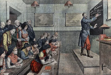 Den första klassen i franska i Alsace är återerövrad. Illustration av Damblans. I "Le Pelerin"" från 1914.
