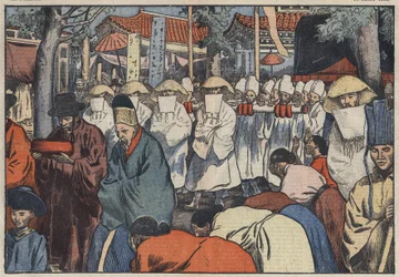 Begravningen av den tidigare kejsaren av Korea, prins Yi. Man kan se katafalken vid dörren till palatset i Seoul, medan Aigos eller "Cereers Coreens" klagar över prinsens död. Seoul, Korea. Illustration av Damblans. I "" Le Pelerin"" i juli
