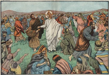Förökningen av bröd: vid Tiberiadsjöns strand tillfredsställde Jesus Kristus (Jesus Kristus) befolkningen genom att multiplicera fem kornbröd och två fiskar. Illustration av Damblans. I "" Le Pelerin"" den 18 mars