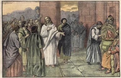Änkans offer. Evangelium enligt Markus, kapitel 12, v. 41-44. Illustration av Damblans. I "" Le Pelerin"" den 28 juni