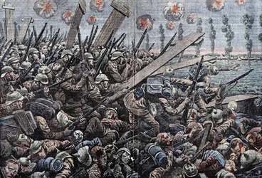 Kriget 1914-1918. Belgiens front 1914. Tyska soldater på Yser. Teckning av Damblans.