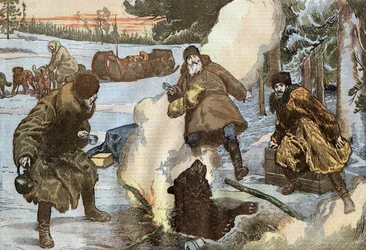 missionärer förbereder te medan en björn plötsligt dök upp från is, illustration av Damblans från franska tidningen "Le Pelerin" 23 augusti