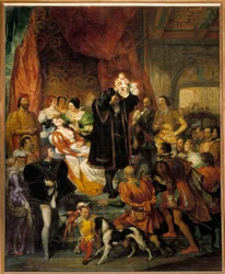 Kung Henrik IVs födelse den 13/12/1553 på Chateau de Pau Jeanne III, känd som Jeanne d"Albret, föder den framtida kungen visar besökare av sin far Antoine de Bourbon